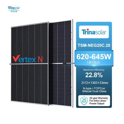 Trina Solar 620-645W Mono Bifacial διπλό γυαλί PV με ανωτισμένο πλαίσιο κράματος αλουμινίου